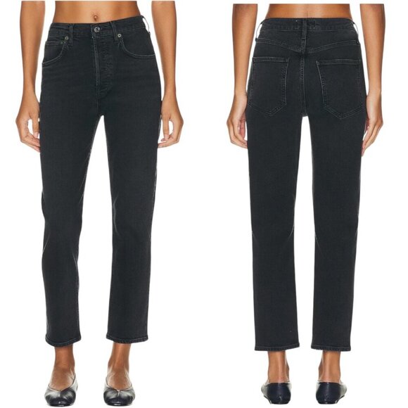 Agolde Riley High Rise Straight Leg Crop Jeans Size 24 In Panormaic Black Faded - Picture 1 of 15